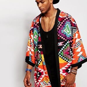 Jaded London Men’s Aztec Southwestern Kimono Wrap Cardigan Medium